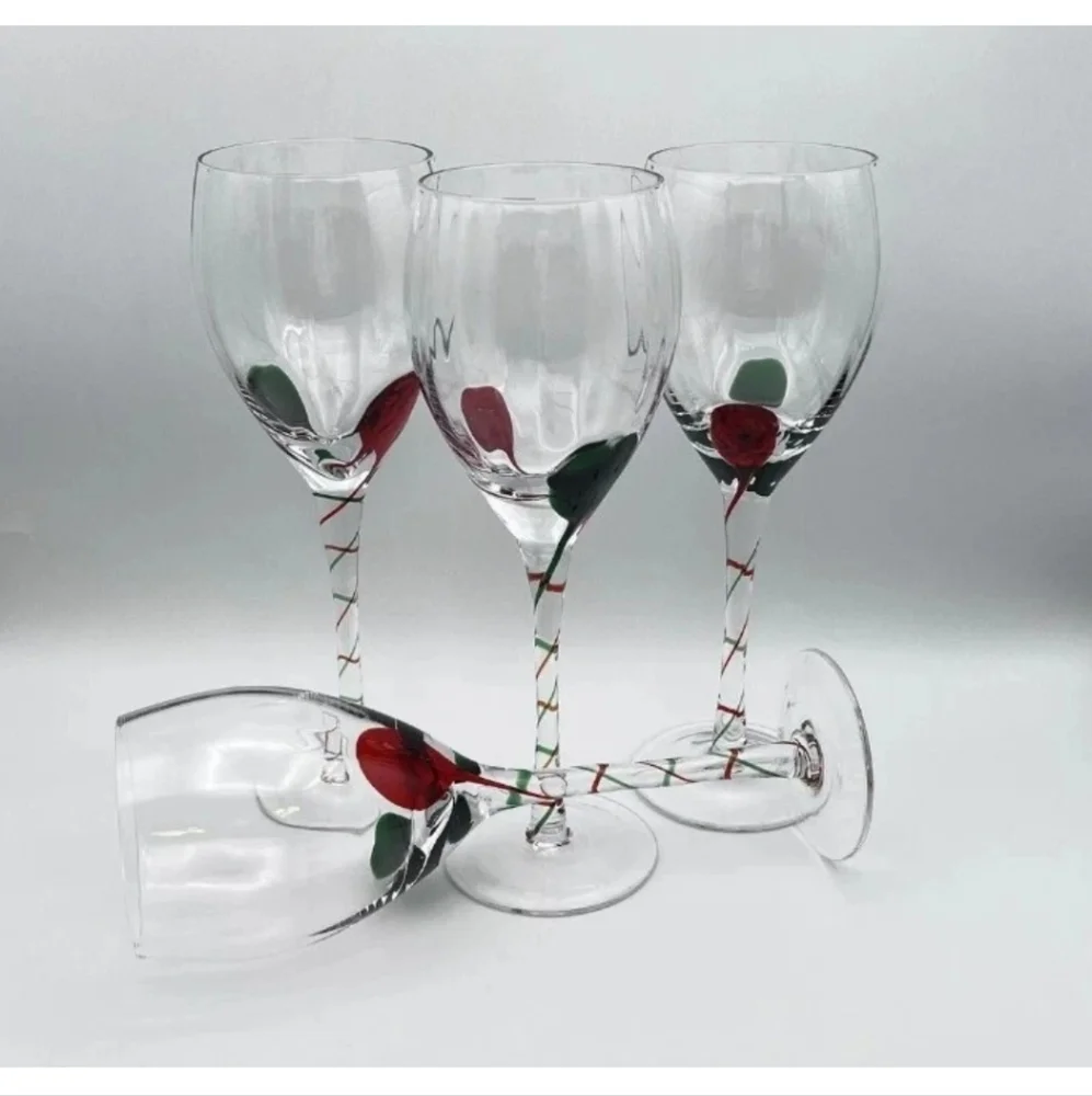 Pier 1 Red Green Teardrop Ribbon Swirl Stemmed Wine Glasses Goblets P1C41 Set 4